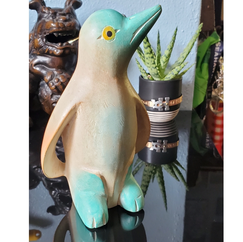 Vintage 80's carved wood penguin teal ombre painted